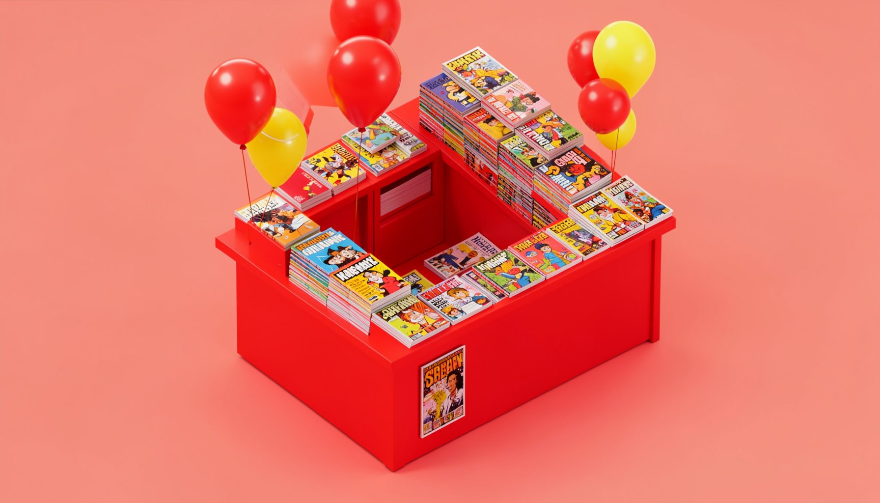 Isometric 3D render of a comic shop counter with stacks of free comic books in bright primary colors, celebratory red and yellow balloons, warm inviting light