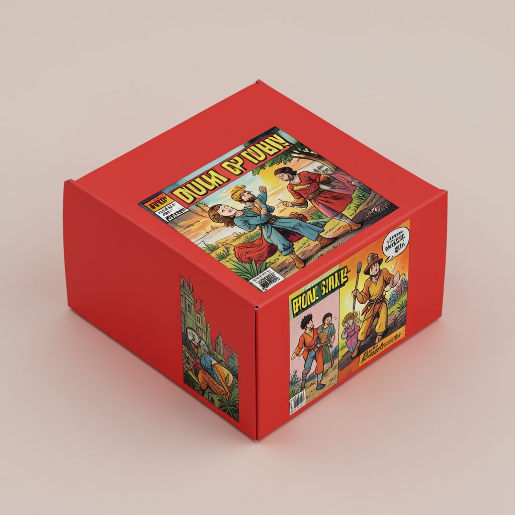 Isometric 3D render of a cozy comic shop interior with tall shelves of colorful comic boxes, warm wood tones, and deep red-orange and black accent lighting