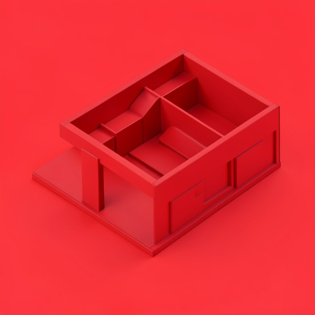 Isometric 3D render of a comic shop display themed around a galactic adventure, with blue and red-orange lighting and shelves of collectibles