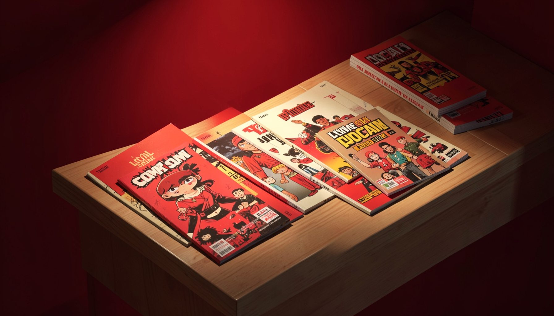Isometric 3D render of a Local Comic Shop Day display, exclusive variant covers fanned out on a wooden counter, warm spotlighting, deep red and cream palette