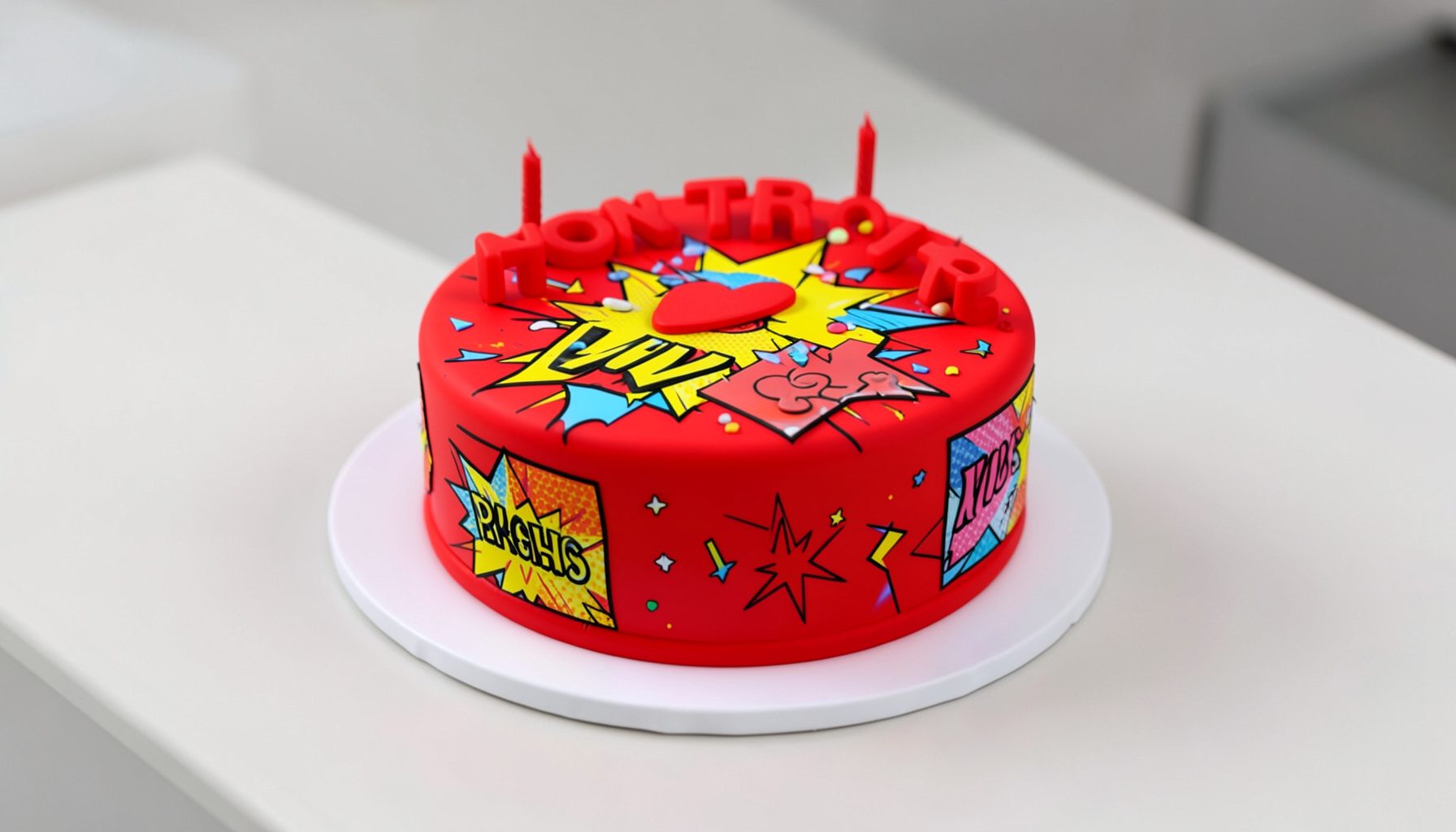 A birthday cake with comic-book-themed decorations on a counter, bright celebratory colors