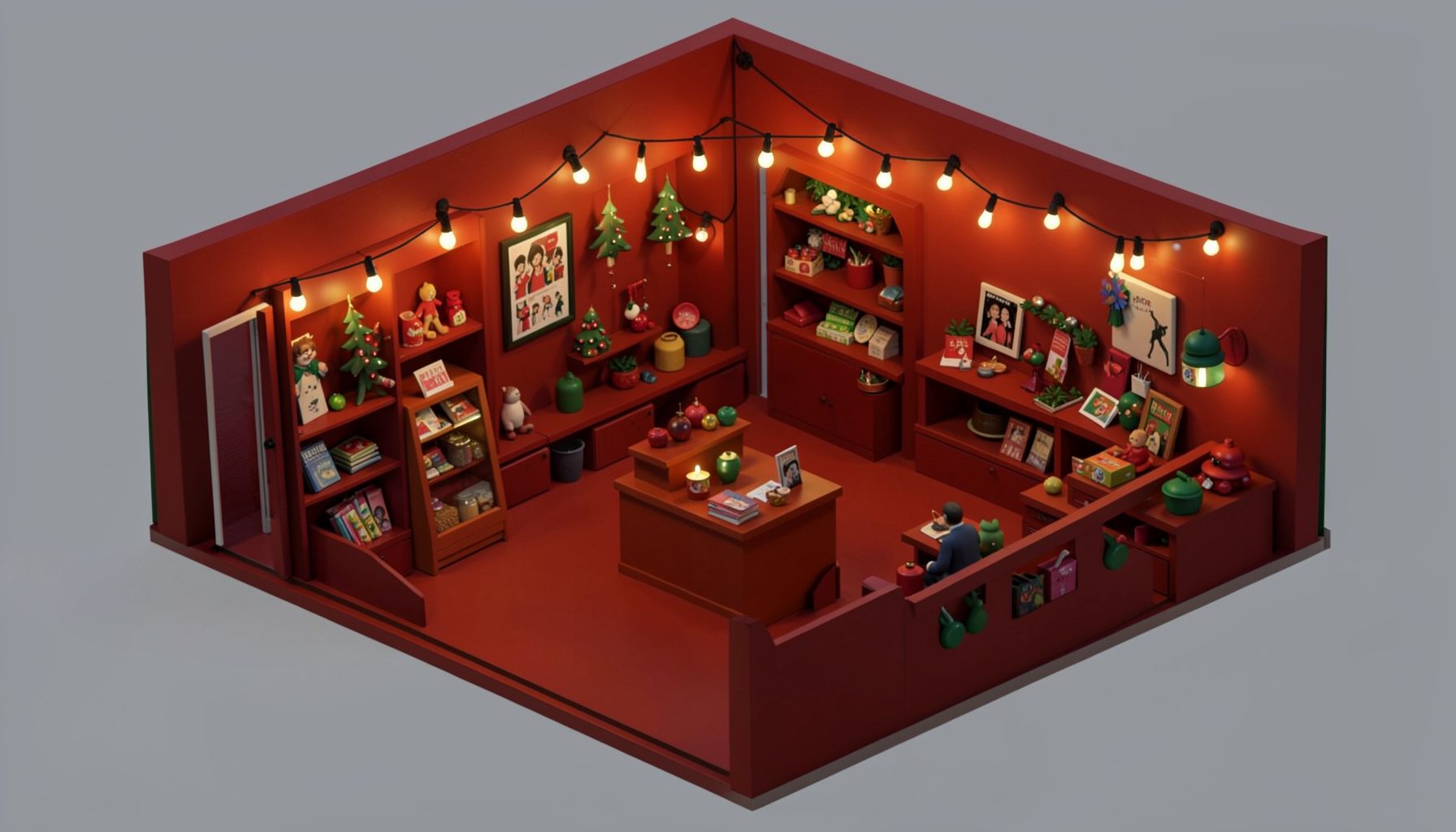 A festive comic-shop interior with warm string lights and holiday decorations, deep red and green tones