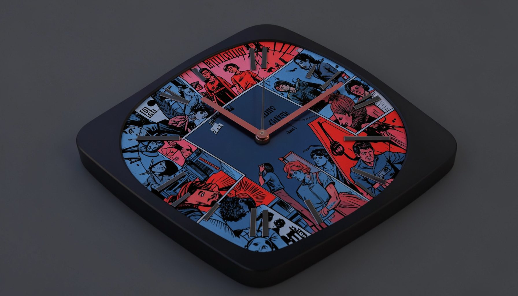 A dramatic clock face overlaid with comic-panel artwork, dark blue and black tones