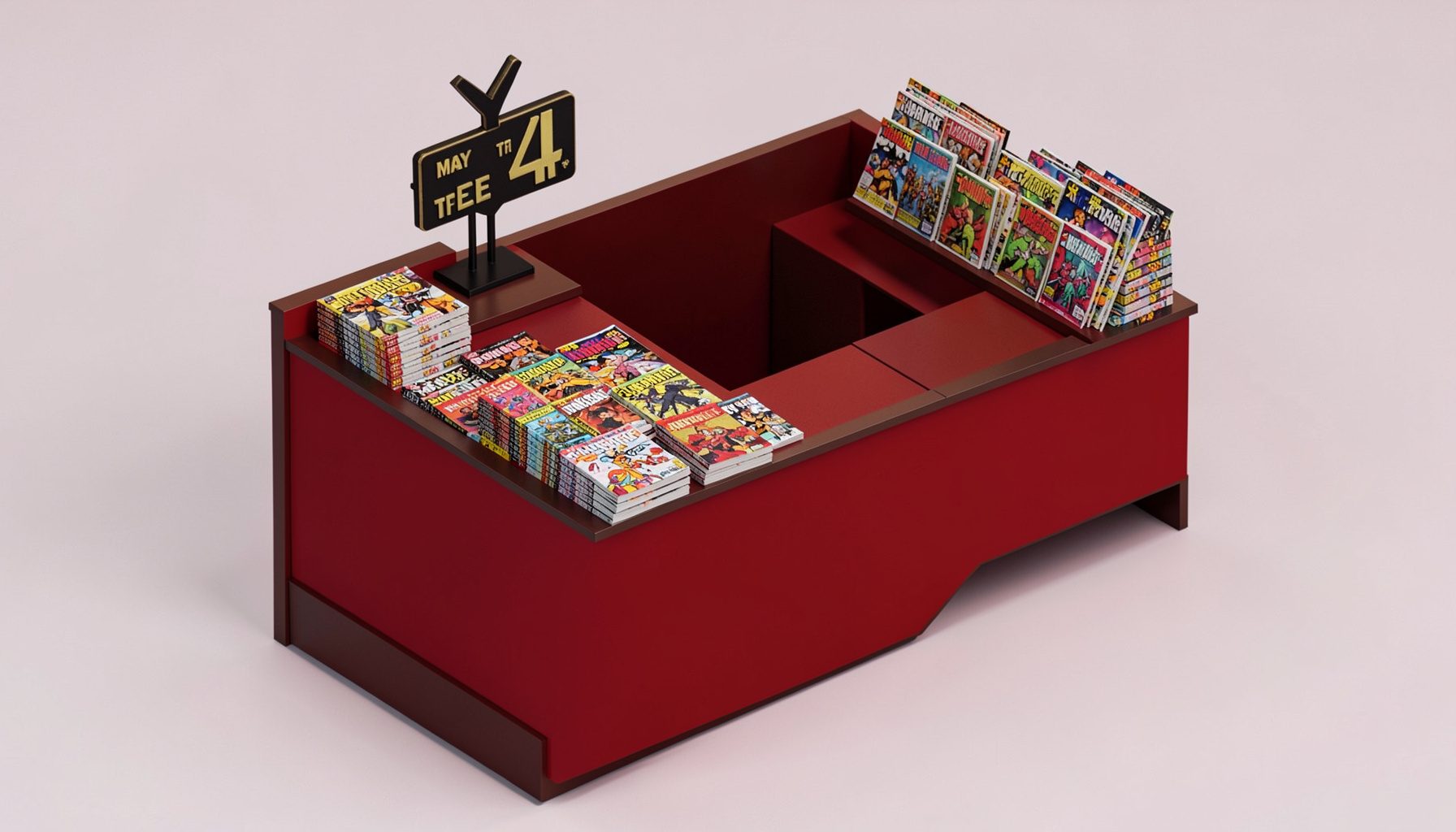 A comic shop counter with free comic books stacked and a May the 4th sign, black and gold tones