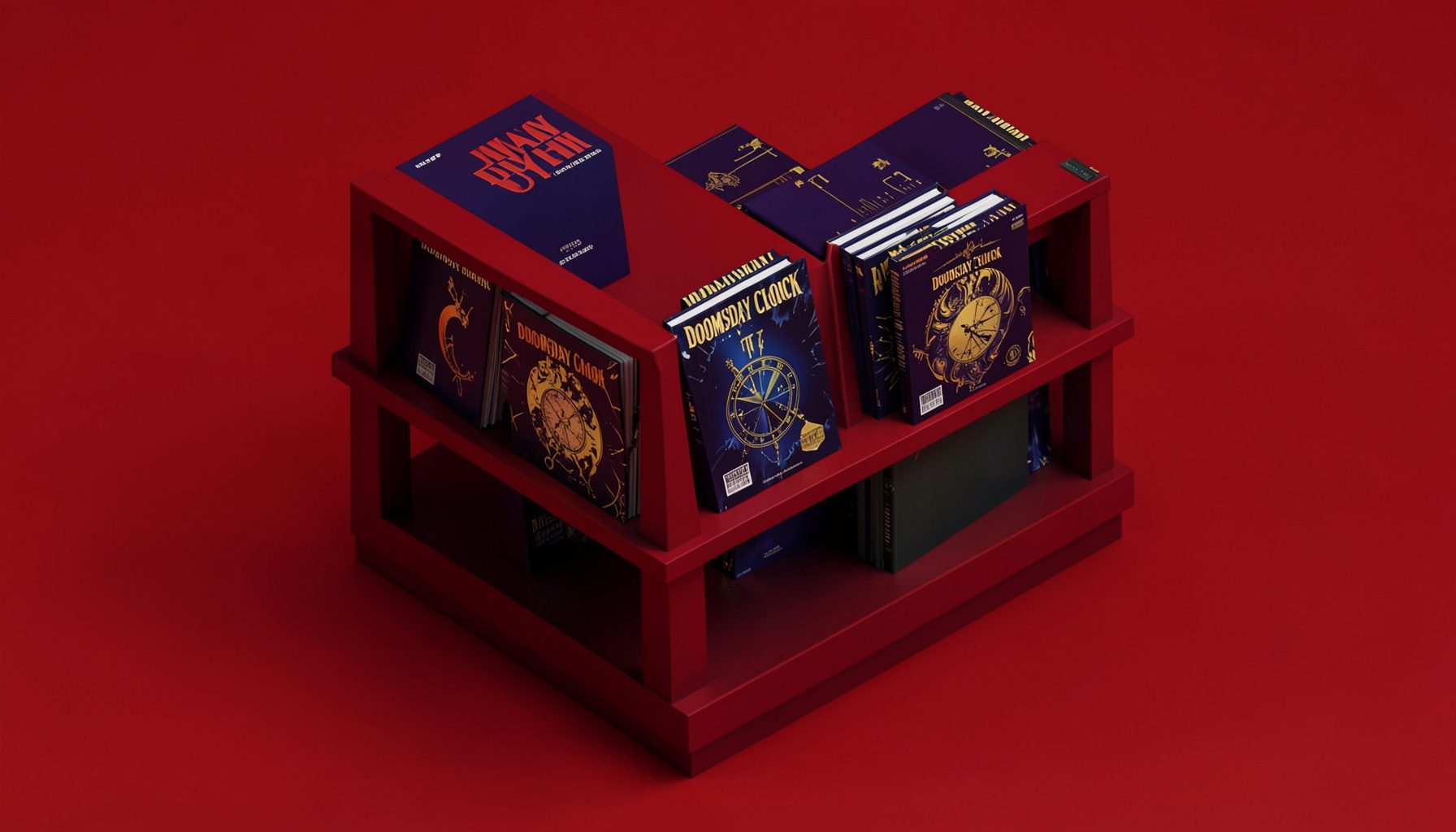 Isometric 3D render of a comic shop display featuring the Doomsday Clock series, dark blue and gold cover art visible on a prominent shelf, dramatic lighting
