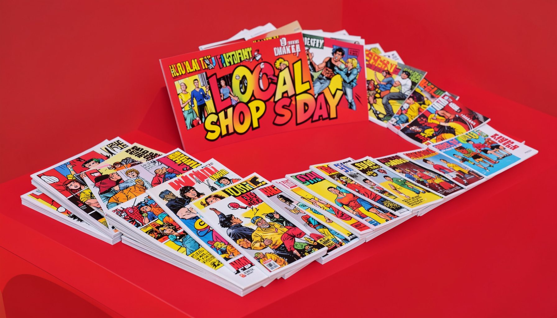 Comic books fanned out on a display table with a Local Comic Shop Day banner, bold primary colors