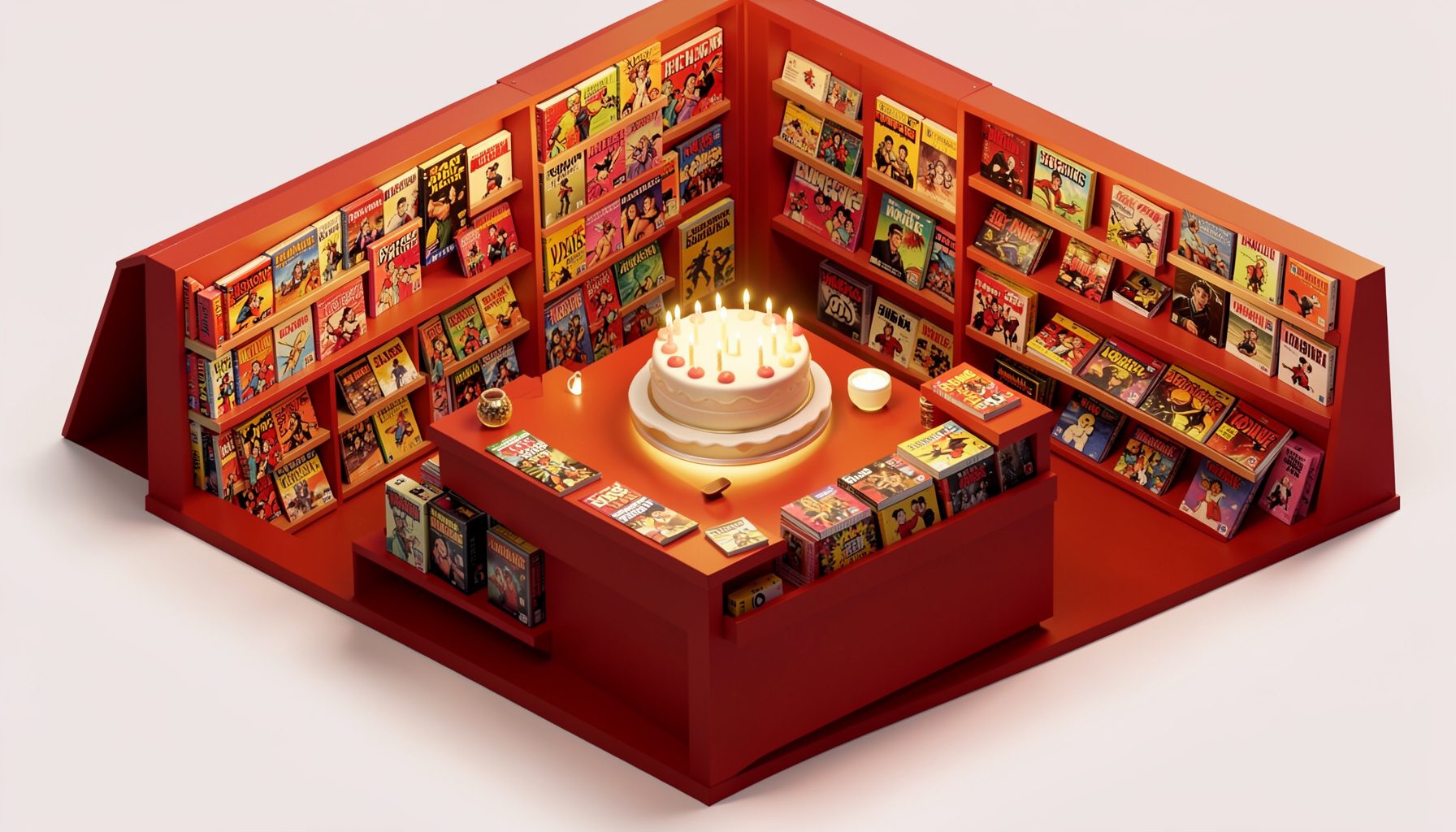 Isometric 3D render of a birthday celebration inside a comic shop, a cake with candles on a counter surrounded by comics and game boxes, warm gold and crimson tones