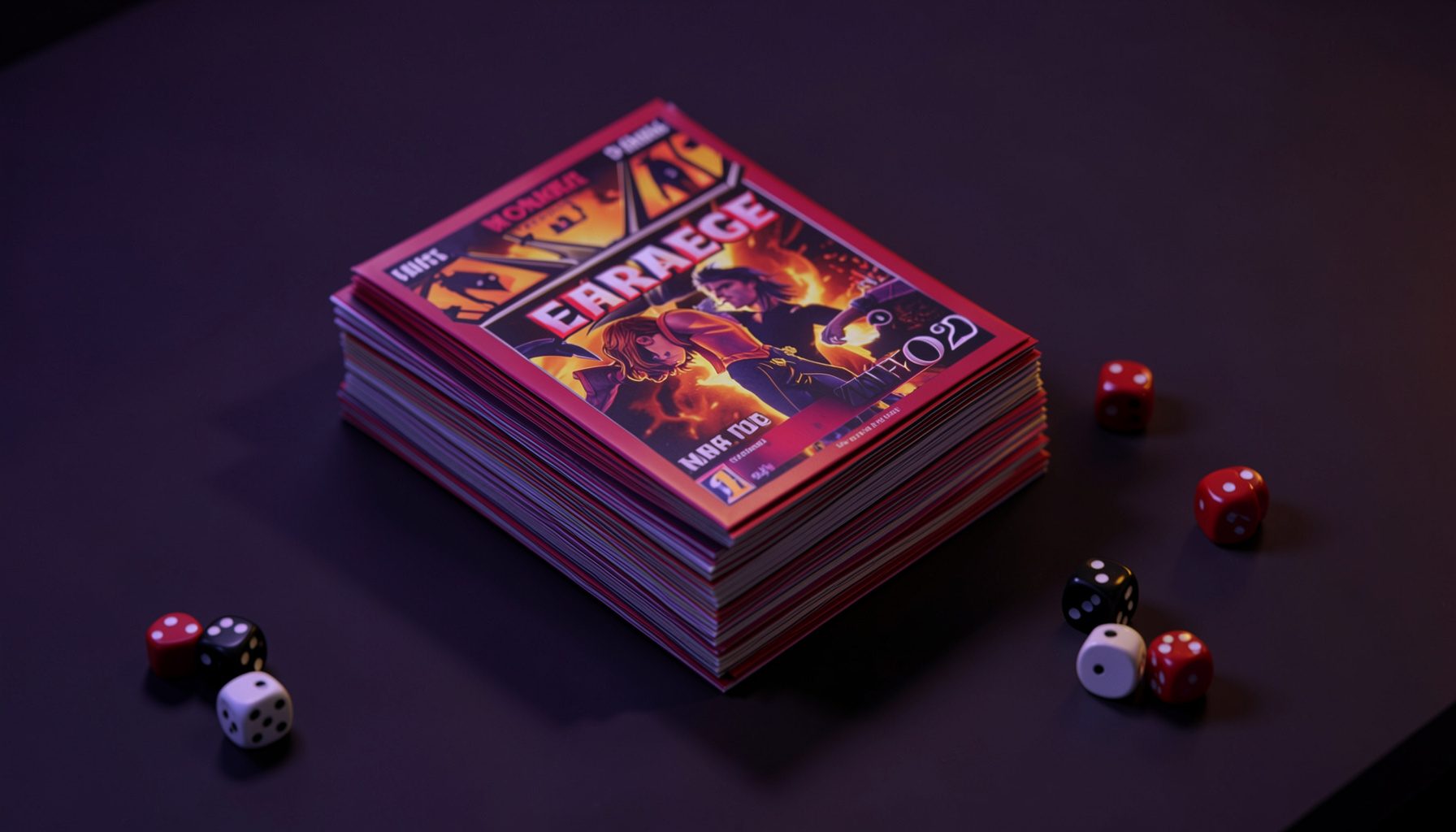 A stack of Magic booster packs on a dark tabletop with dice scattered around, moody purple and gold lighting