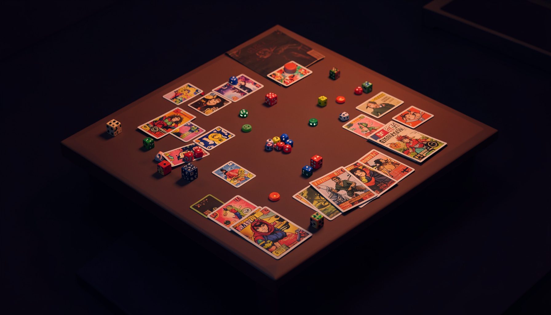A dimly lit game table with scattered colorful dice, trading cards, and comic books, warm amber and deep navy tones